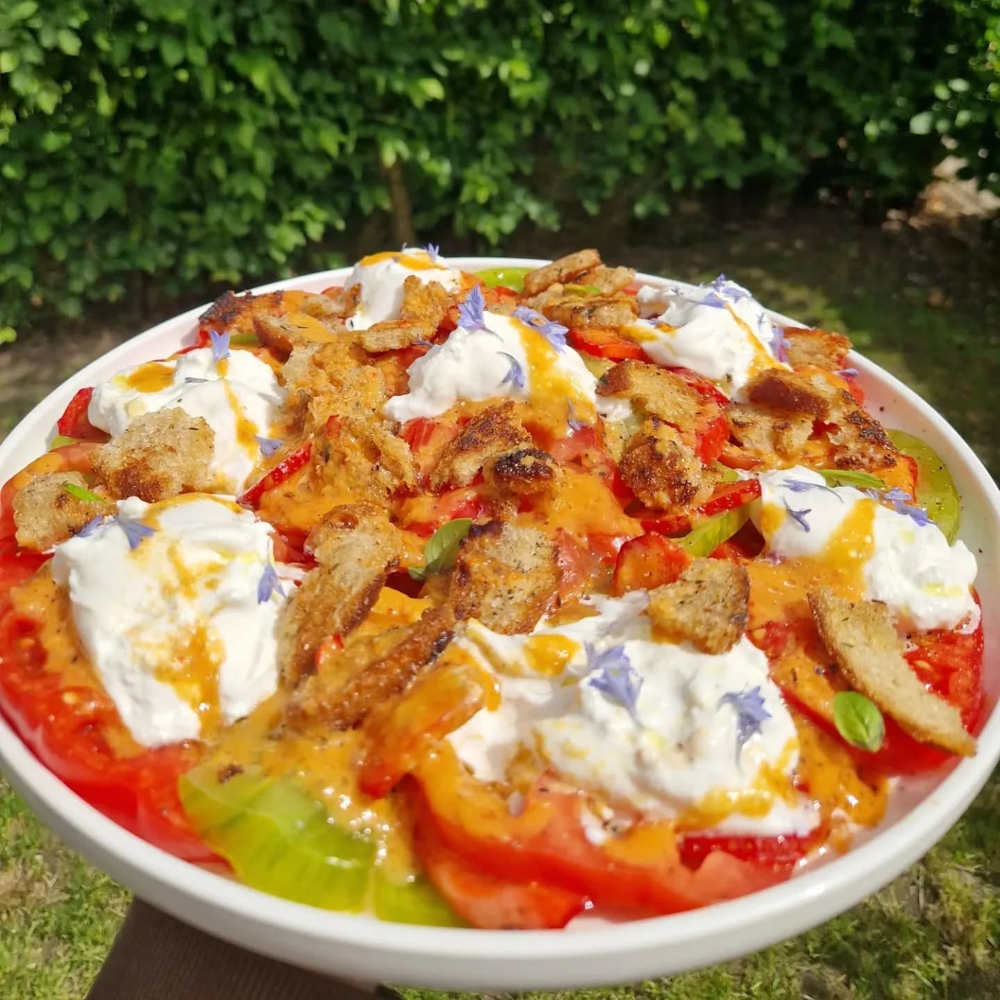 Un grand plat à partager de tomate, burrata et croûtons